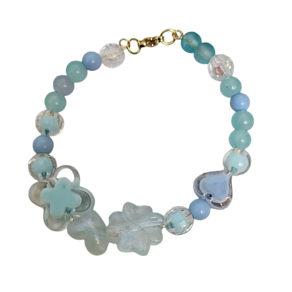 Elegant Blue Glitter Clover Butterfly Beaded Bracelet